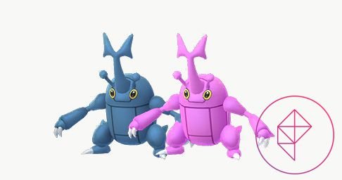 Heracross and its Shiny version. Regular Heracross is a dark blue, whereas Shiny Heracross is a bright neon pink.
