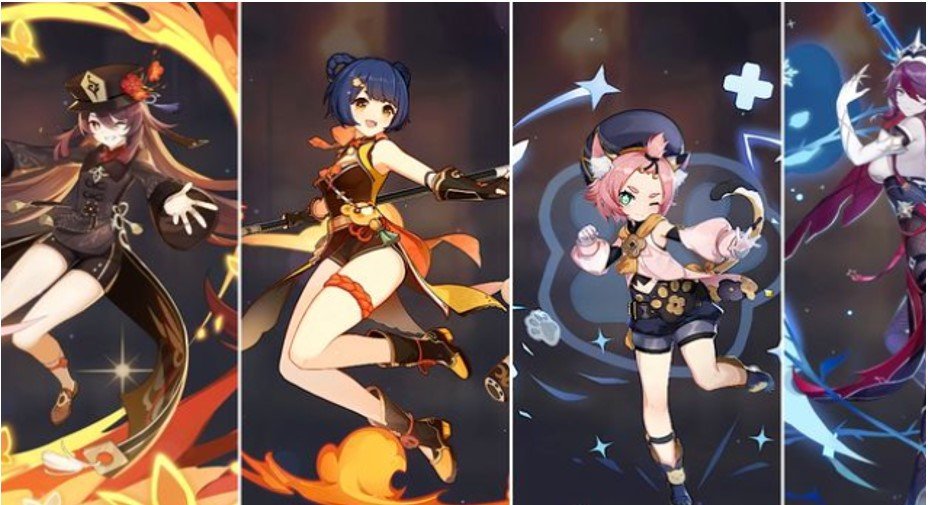 Hu Tao + Xiangling + Diona + Rosaria