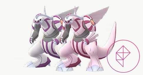 Shiny Palkia with its normal version. On Shiny Palkia, the grey parts of it are a light pink instead.