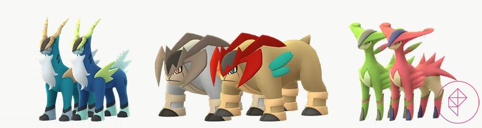 The Shiny Sacred Sword trio with their normal forms. Shiny Cobalion is a darker blue with yellow-green accents. Shiny Terrakion is a lighter brown with red and teal accents. Shiny Virizion is pink.