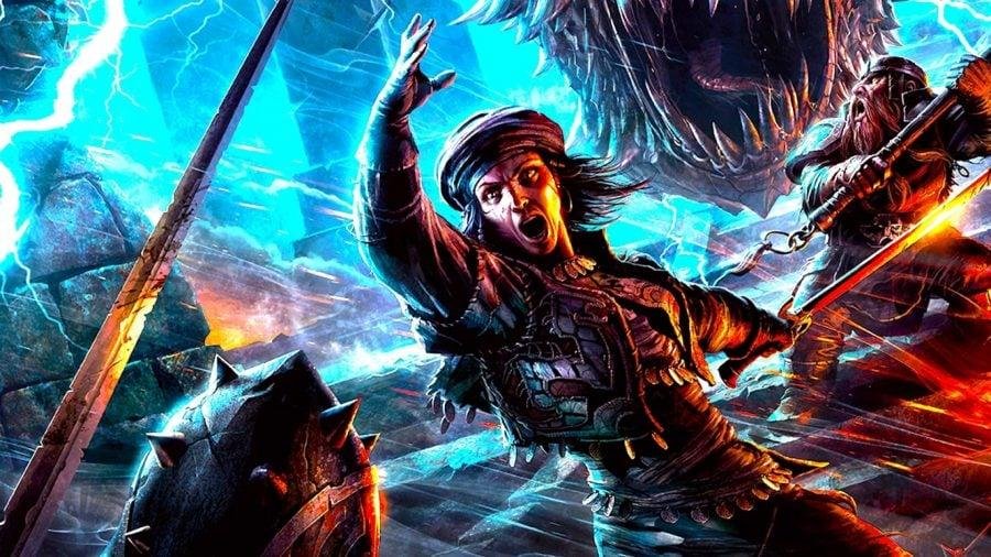 DnD Dispel Magic 5e - a white person with dark hair and leather clothing yells with an arm in the air as a dwarf attacks a Beholder in the background