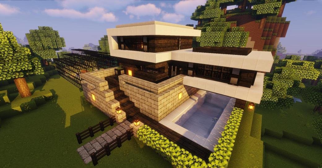 I built this modern house in my survival world. It took me 1 week irl to get all the materials and then build it. Thoughts? : r/Minecraft