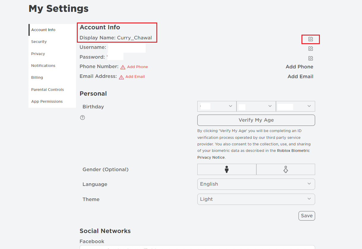 change display name in Account info Roblox settings
