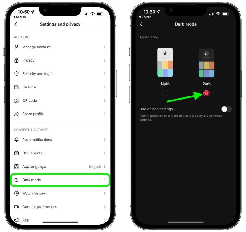 dark mode tiktok 
